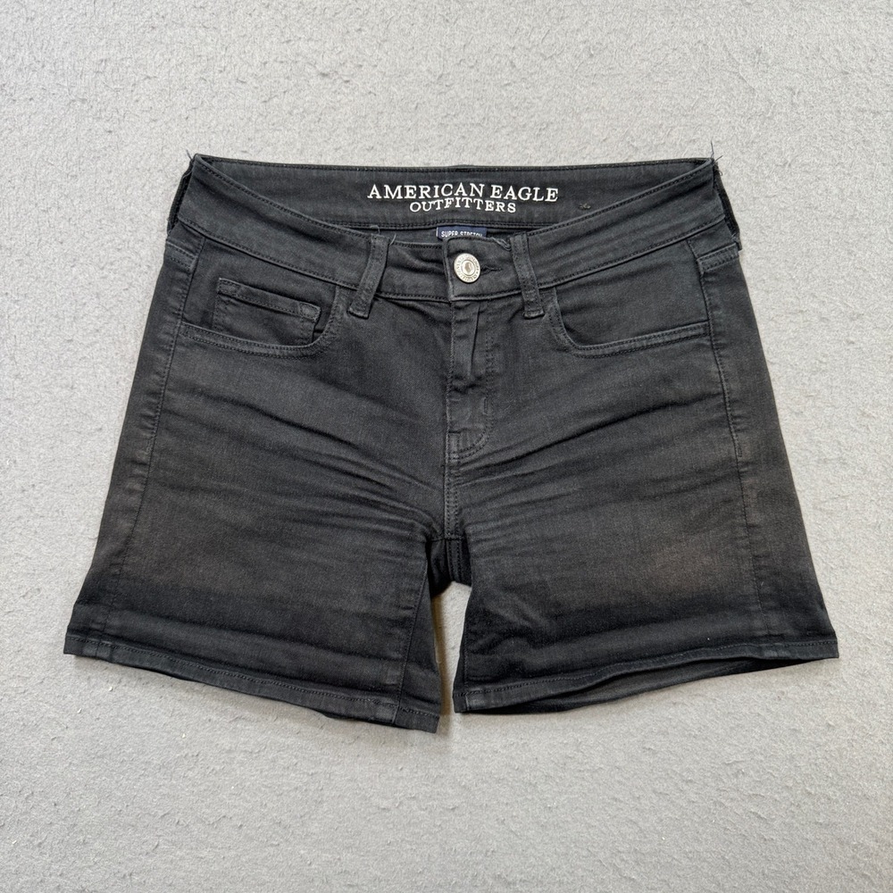 American Eagle Midi Shorts Women's 6 Black Super Stretch Denim Faded Streetwear